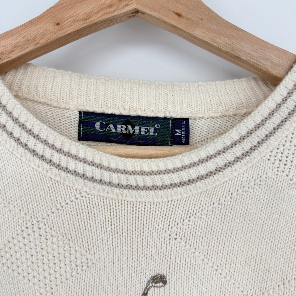 Vintage Carmel 90s Cream Embroidered Golf Golfer Pullover Sweater Sz M USA Made - Picture 4 of 9
